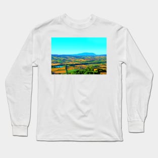 Scene in Montelupone with Marche landscape, various fields, a body of water, human settlement and Monte Conero Long Sleeve T-Shirt